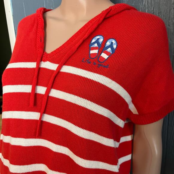 Life Is Good Red White Striped Hoodie M Embroidered Vee Neck Beachy Resort Wear - Picture 3 of 6